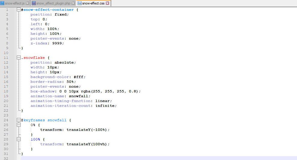 Snow-effect.css creating a smooth snowfall animation using CSS for adding winter-themed visual effects to a website.