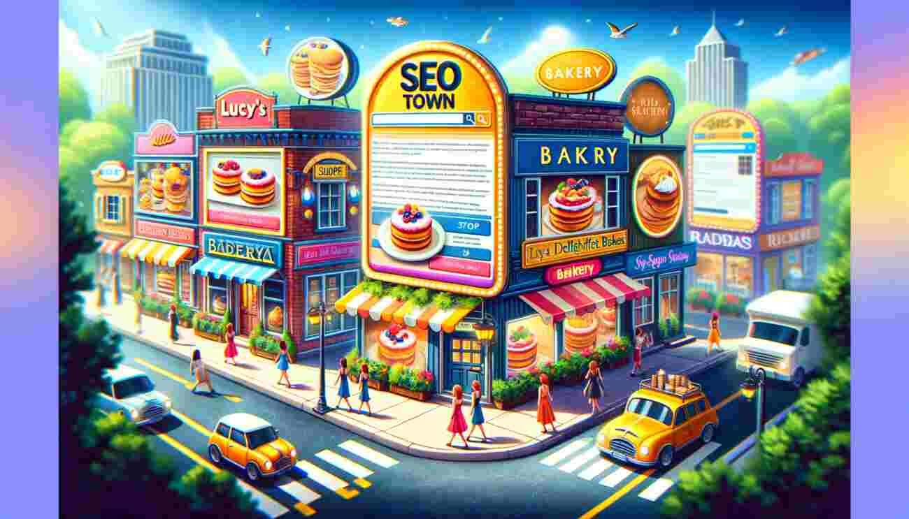 Story of SEO Town illustrated as a creative narrative explaining how search engine optimization works through characters and town elements.