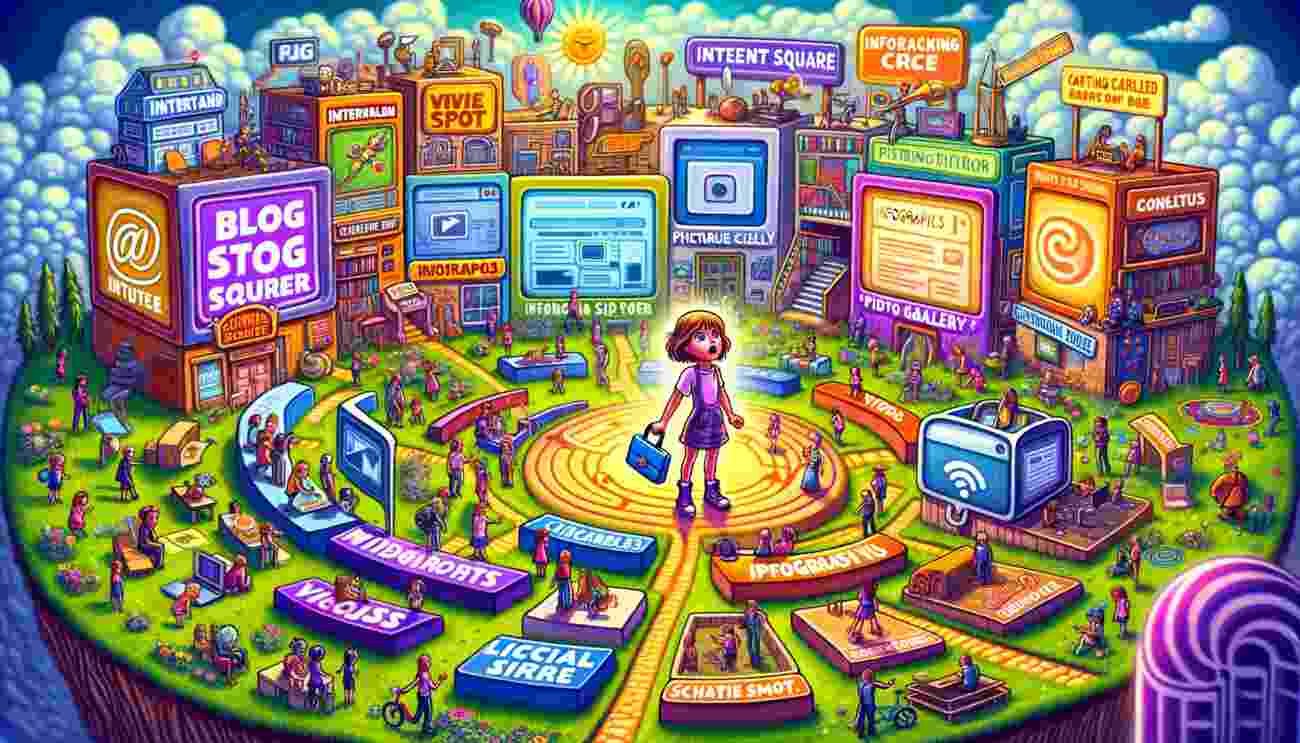 Types of content used in digital marketing, including blogs, videos, images, infographics, and social media posts to educate and engage audiences.