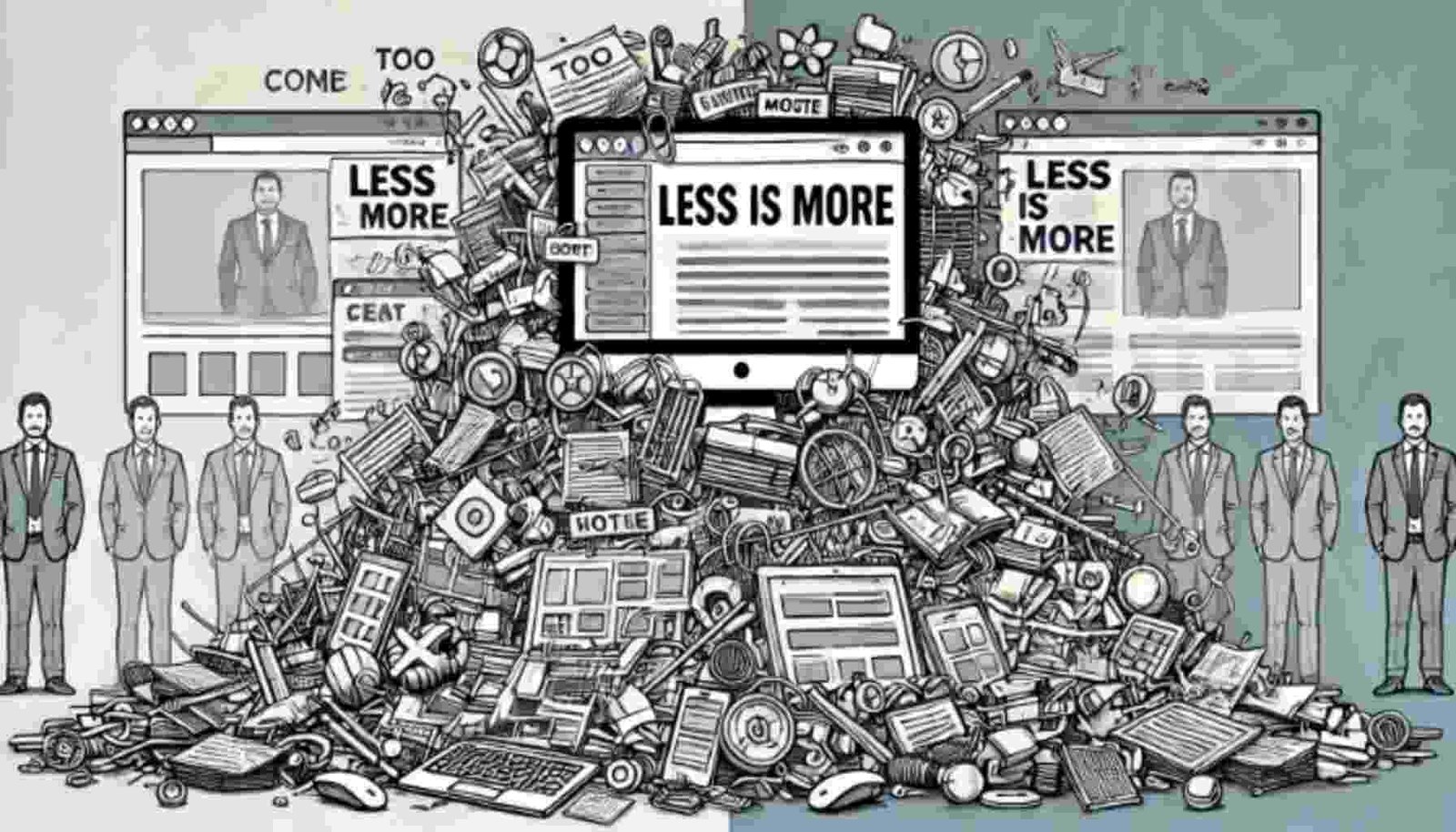 Illustration of a website overwhelmed by excessive clutter and no white space, comparing chaotic and clean design layouts.