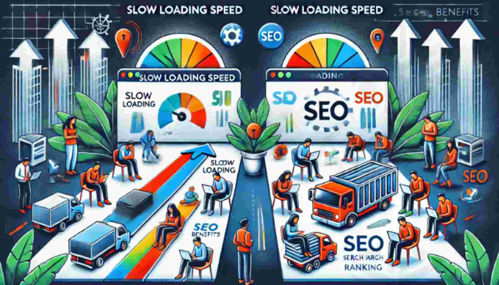Illustration comparing slow-loading websites with optimized fast-loading sites, showing how speed affects SEO and user experience.