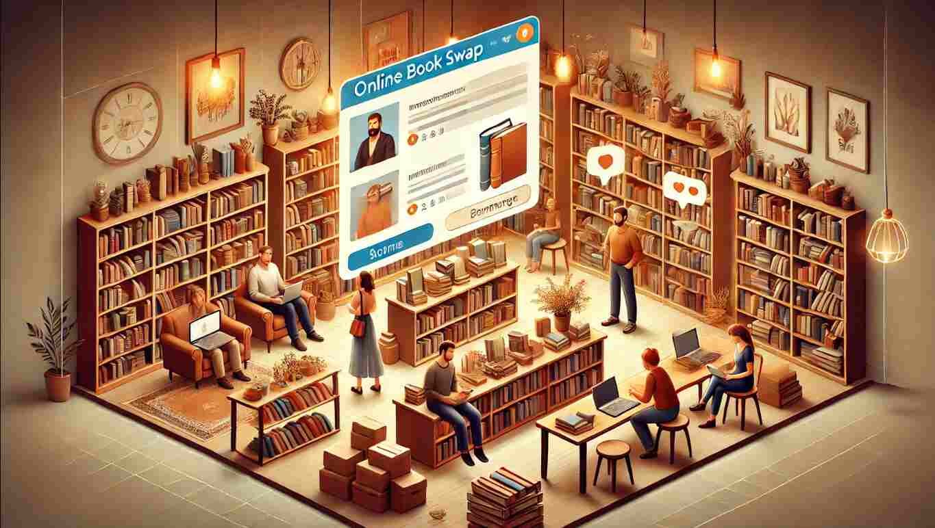 Online book swap community where readers exchange books, share recommendations, and connect with fellow book lovers.