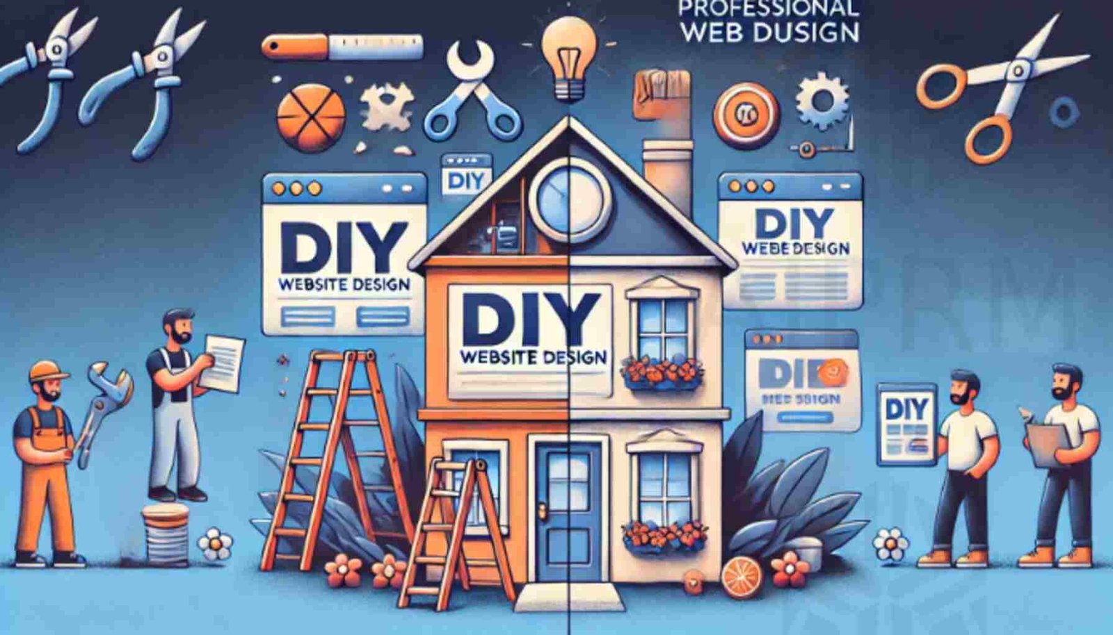 Illustration comparing DIY website design with professional web design services, showing differences in quality, tools, and overall results.