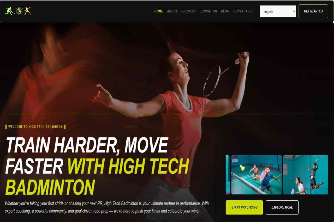 Professional badminton player in action on a high-tech training website promoting advanced badminton coaching and performance improvement.