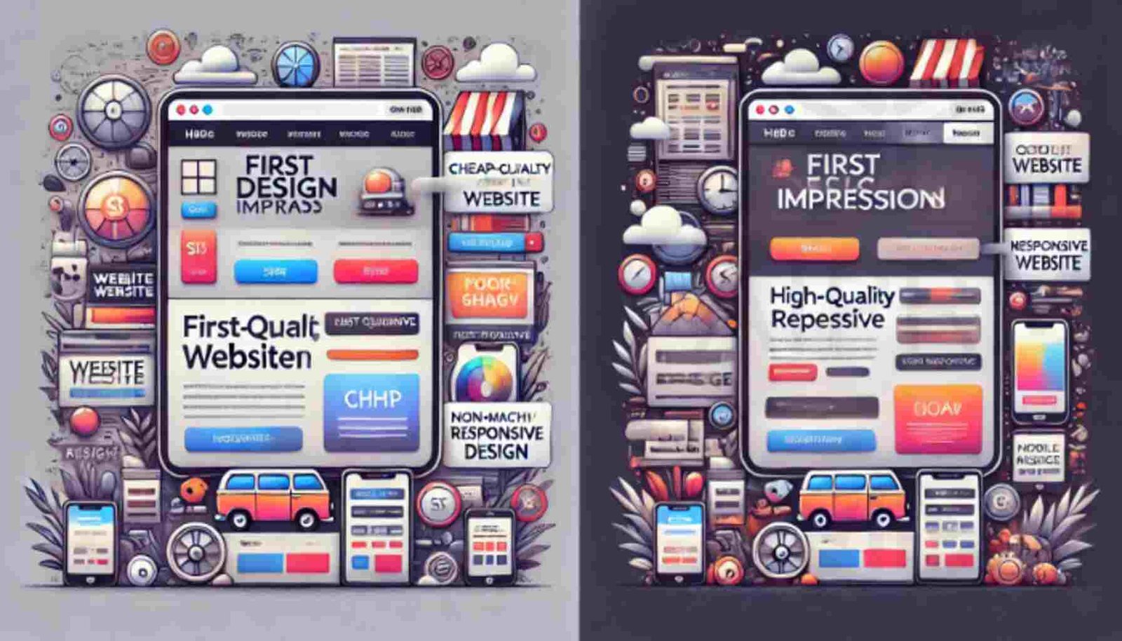 Side-by-side comparison of a cheap-looking website design versus a high-quality professional design, highlighting common mistakes to avoid.