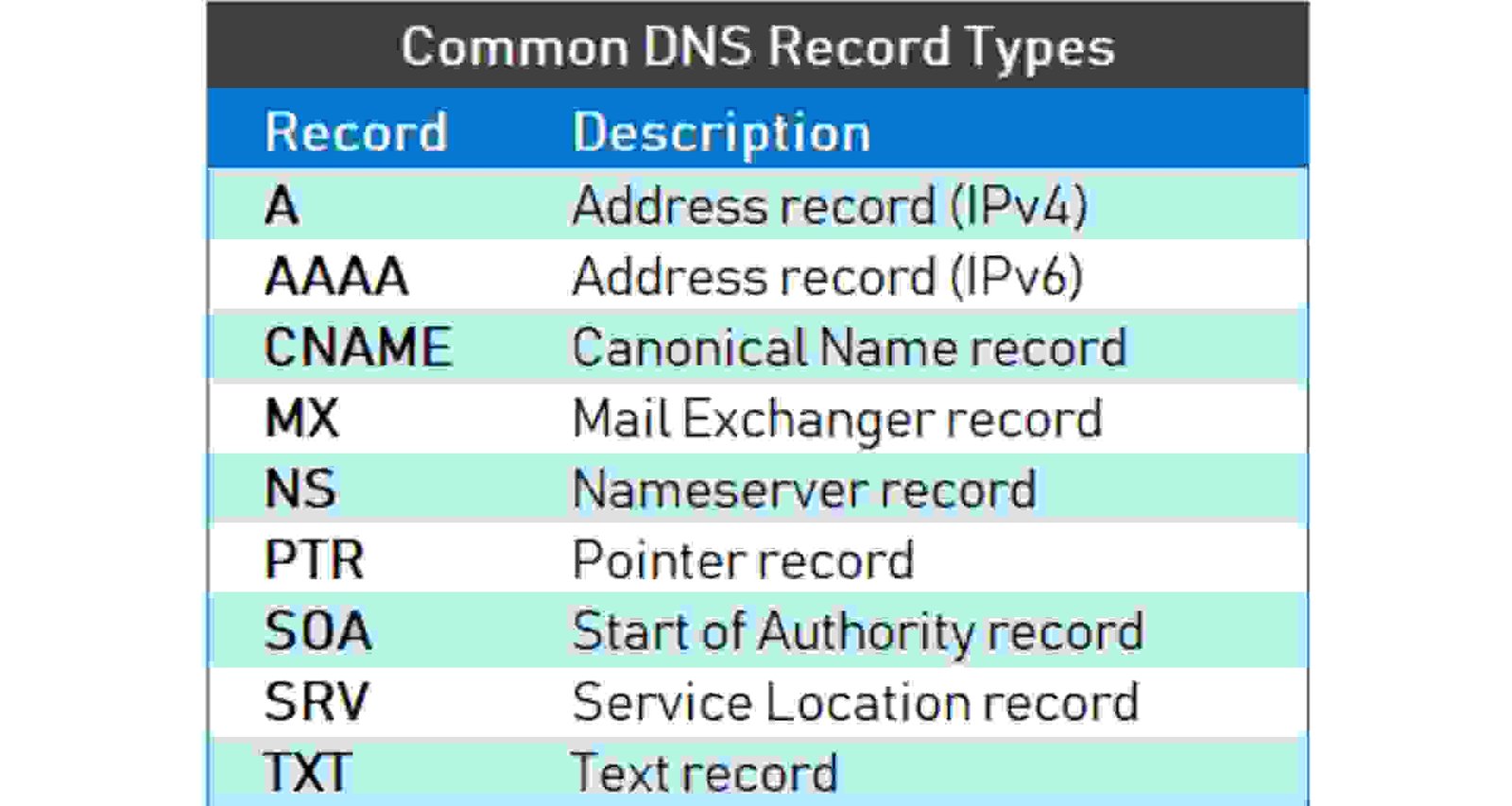 Types of DNS records explaining A, CNAME, MX, TXT, and other records that manage domain routing, email delivery, and website functionality.