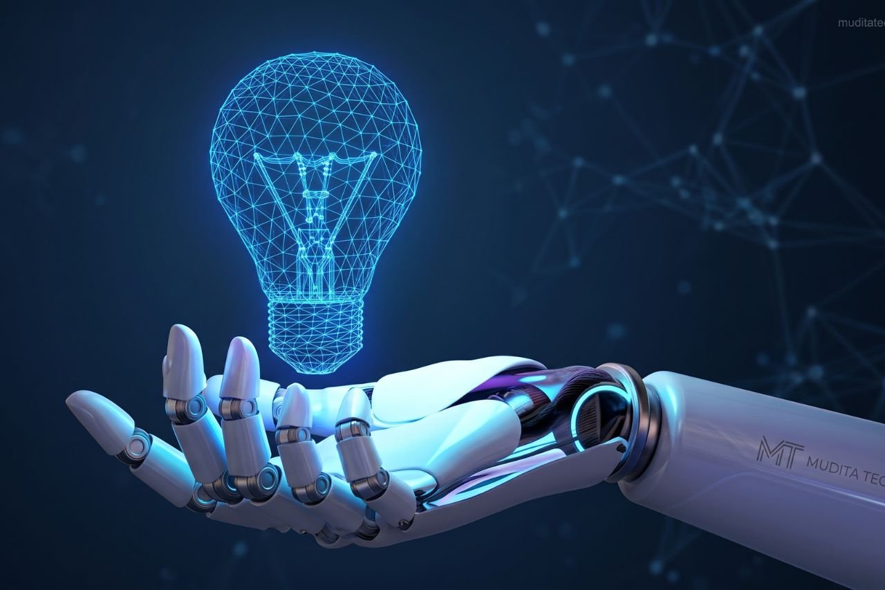 Robotic hand holding a glowing digital light bulb representing AI and technology innovation